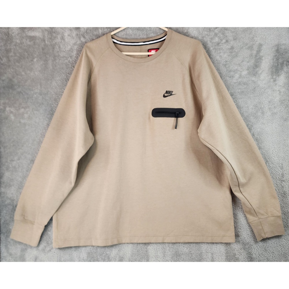 Nike Tech Fleece Shirt Mens XXL Khaki Tan Lightweight Long Sleeve Zipper Pocket
